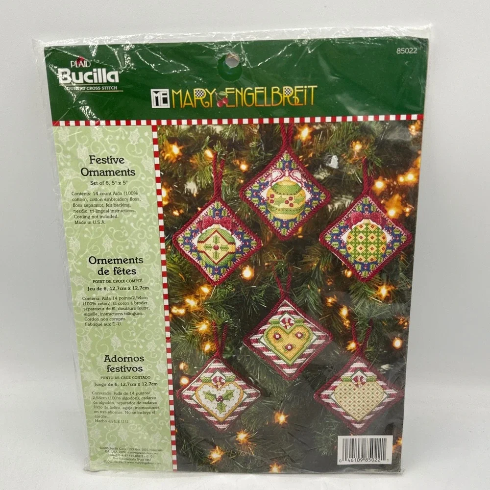 Bucilla Festive Ornaments Mary Engelbreit Set of 6 Red Green 85022 Kit